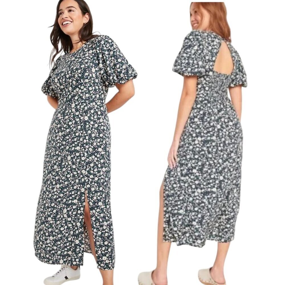Old Navy Womens Puff Sleeve Midi Dress Size Navy Floral Side Slit Smocked S
